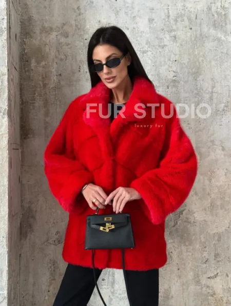 Красный полушубок из натурального меха норки - фото 8