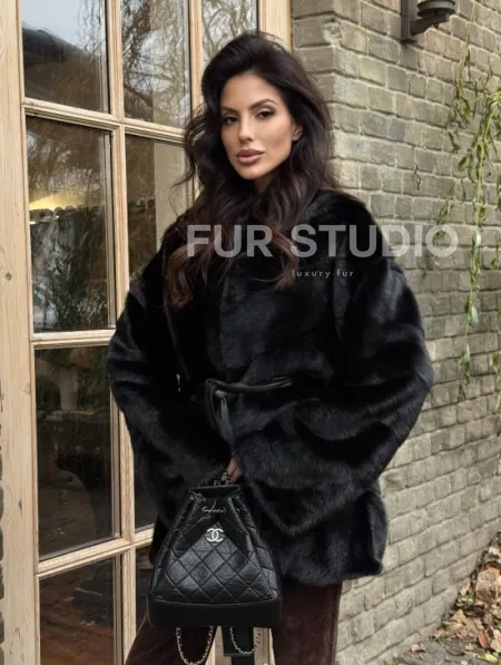 Черный норковый полушубок с воротником V-образным - фото 6