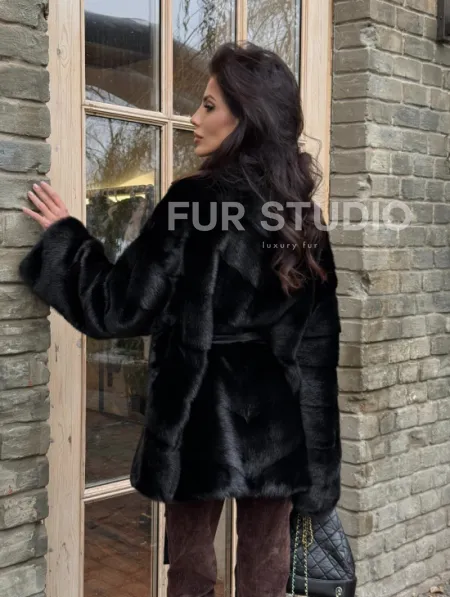 Черный норковый полушубок с воротником V-образным - фото 8
