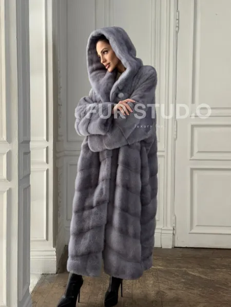 Длинная голубая норковая шуба с капюшоном PLUS SIZE - фото 9