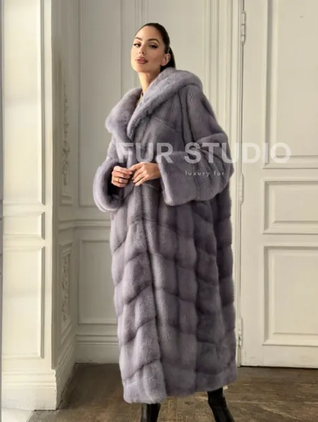 Длинная голубая норковая шуба с капюшоном PLUS SIZE - фото 4