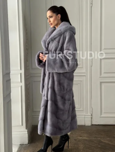 Длинная голубая норковая шуба с капюшоном PLUS SIZE - фото 2