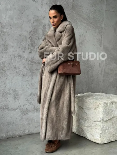 Длинная норковая шуба - цвет серый - фото 7
