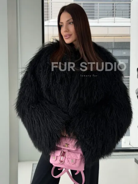 Полушубок черный из ламы - фото 0