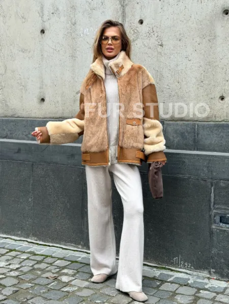 Комбинированная дубленка из овчины и норки - фото 13