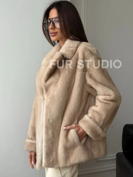Норковый полушубок в натуральном цвете пастель - фото 8