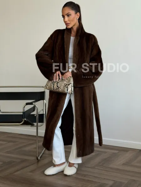 Шуба норковая в роспуск с меховым поясом - фото 2