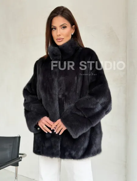 Норковый полушубок графит - стойка воротник - фото 0