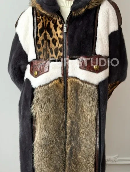 Комбинированная норковая шуба с капюшоном - фото 2