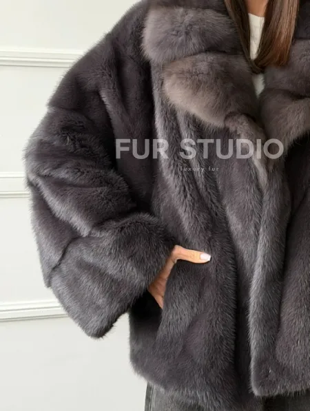 Автоледи норковая с воротником куницы - графит - фото 1