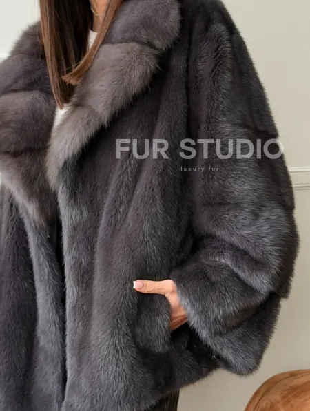 Автоледи норковая с воротником куницы - графит - фото 2