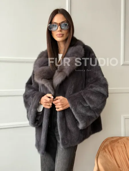 Автоледи норковая с воротником куницы - графит - фото 9