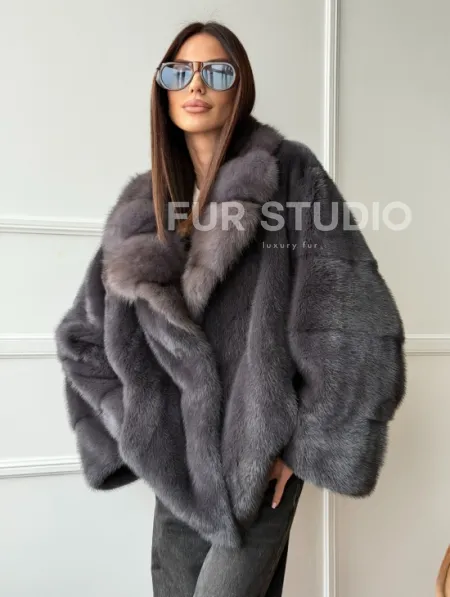Автоледи норковая с воротником куницы - графит - фото 0