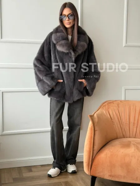 Автоледи норковая с воротником куницы - графит - фото 6