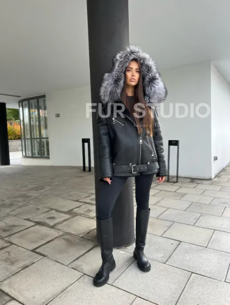 Дубленка - косуха с капюшоном из меха чернобурой лисы - фото 6