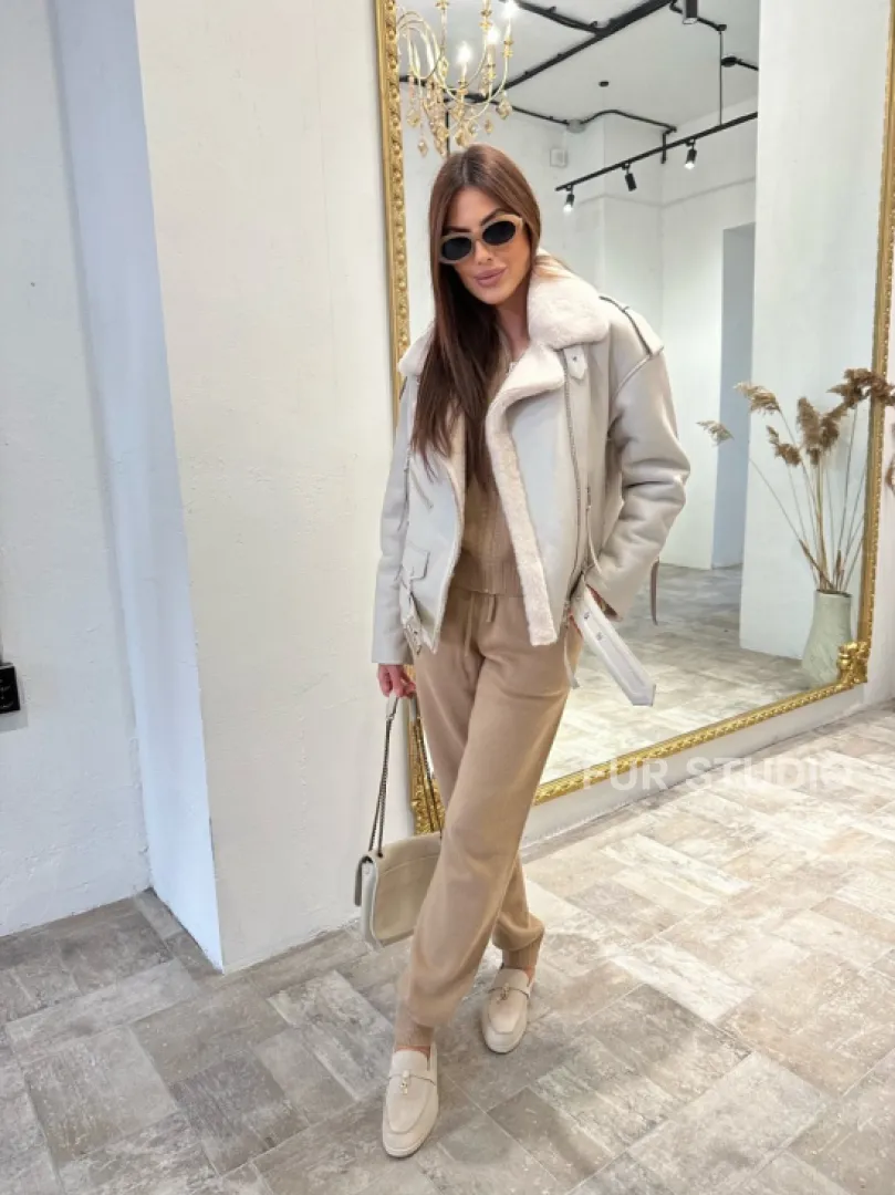 Дубленка-авиатор из натуральной овчины со шнуровкой - фото 3