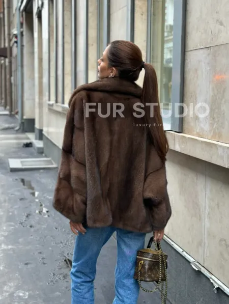 Норковый полушубок с английским воротником - цвет орех - фото 13