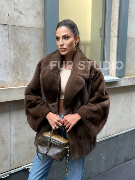 Норковый полушубок с английским воротником - цвет орех - фото 11