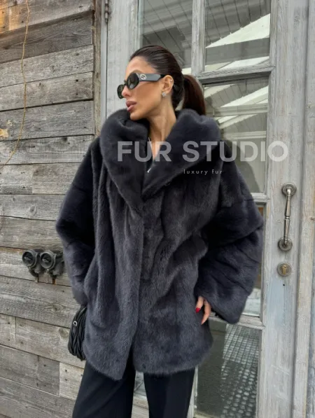 Шуба норковая с капюшоном - цвет графит - фото 5