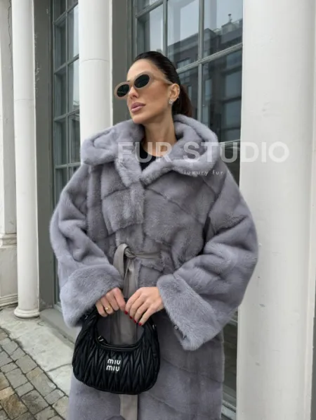 Норка кимоно паркет с капюшоном - цвет серый сапфир - фото 0