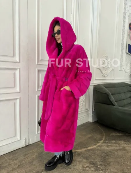 Норка кимоно с капюшоном, паркет - цвет фуксия - фото 0