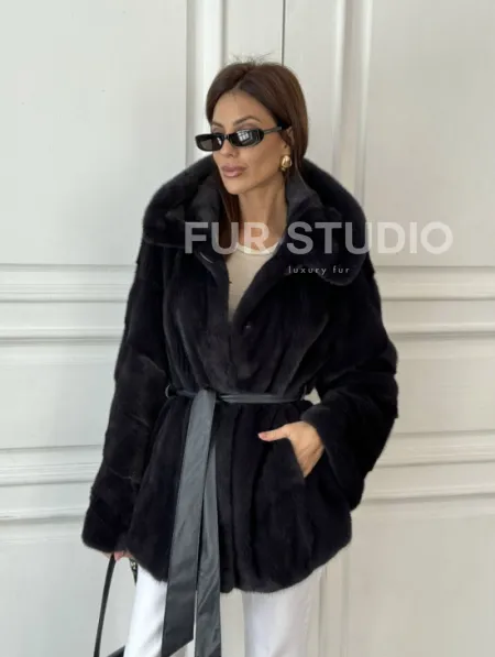 Норковый жакет с капюшоном, роспуск - цвет графит - фото 5