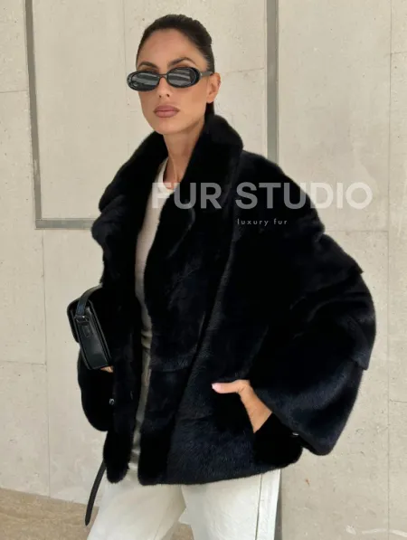 Полушубок из черной норки премиум аукциона - английский воротник - фото 0
