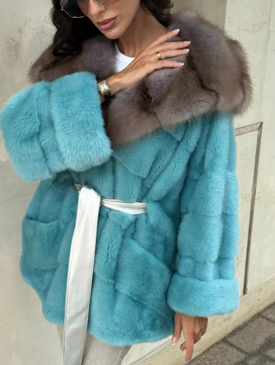 Шуба Autolady из норки с капюшоном из меха куницы - цвет тиффани - фото 1