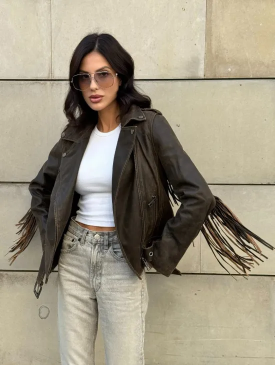 Куртка из натуральной кожи с бахромой «Vintage» - коричневая - фото 13