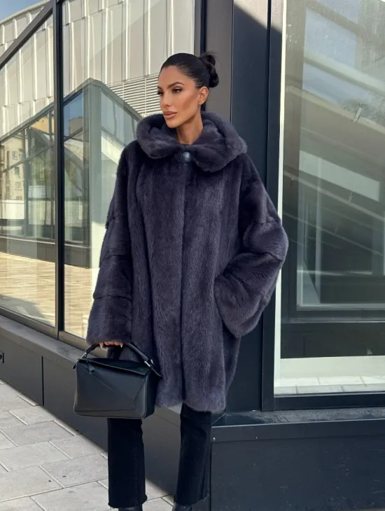 Норковая шуба с капюшоном,  роспуск - темный графит - фото 8