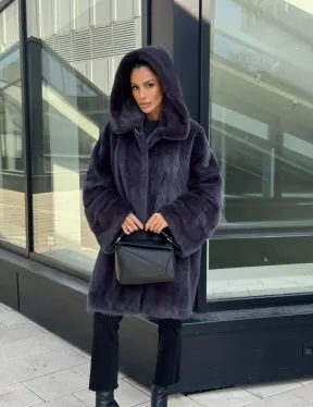 Норковая шуба с капюшоном,  роспуск - темный графит - фото 10