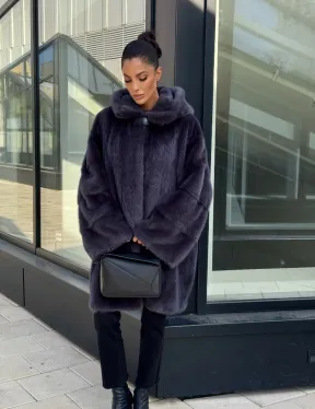 Норковая шуба с капюшоном,  роспуск - темный графит - фото 9