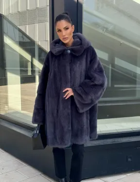 Норковая шуба с капюшоном,  роспуск - темный графит - фото 7