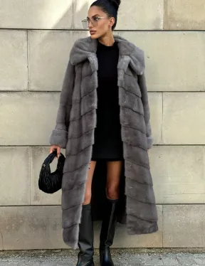 Шуба в диагональной выкладке меха норки, графит грей с капюшоном - фото 12