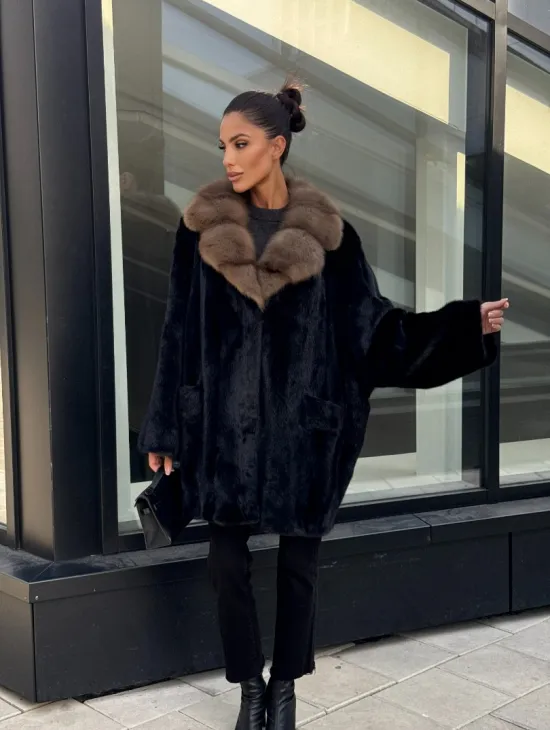 Женское меховое полупальто из норки- воротник куница - фото 11