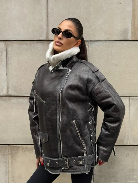 Дубленка-авиатор из натуральной овчины Dark Grey Vintage, со шнуровкой по боковому шву - фото 16