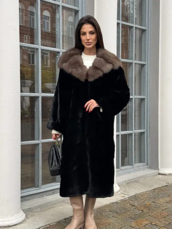 Шуба норковая PREMIUM NAFA капюшон кобра из меха куницы - фото 0