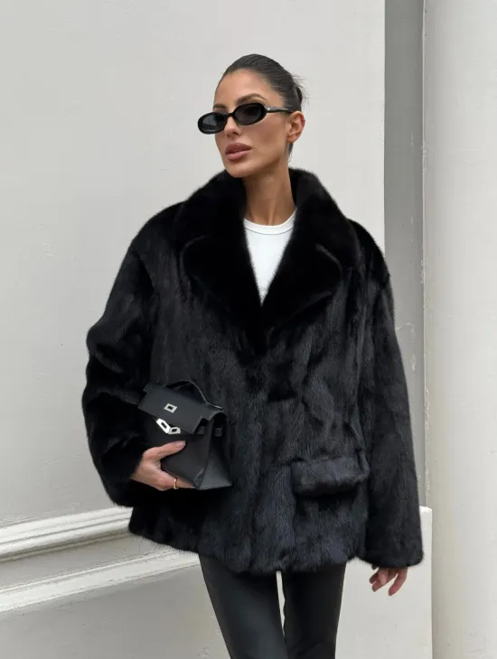 Черная норковая шуба - жакет с английским воротником - фото 11