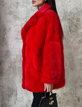 Красный полушубок из натурального меха норки - фото 3
