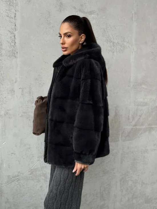 Норковый полушубок - куртка из меха норки с капюшоном графит - фото 9