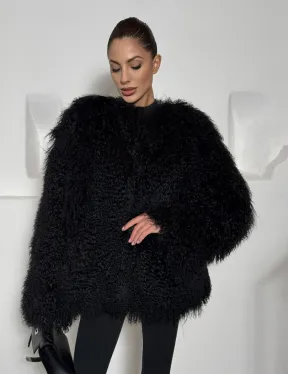 Черная шуба из меха ламы воротник шанель - фото 1
