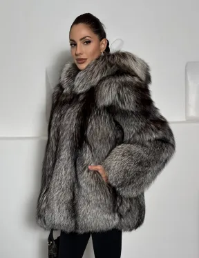 Полушубок из чернобурки с капюшоном цельные пластины - фото 5