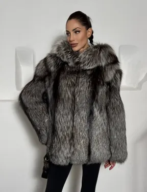 Полушубок из чернобурки с капюшоном цельные пластины - фото 7