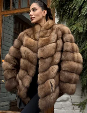 Полушубок из куницы с воротником V-образным - фото 5