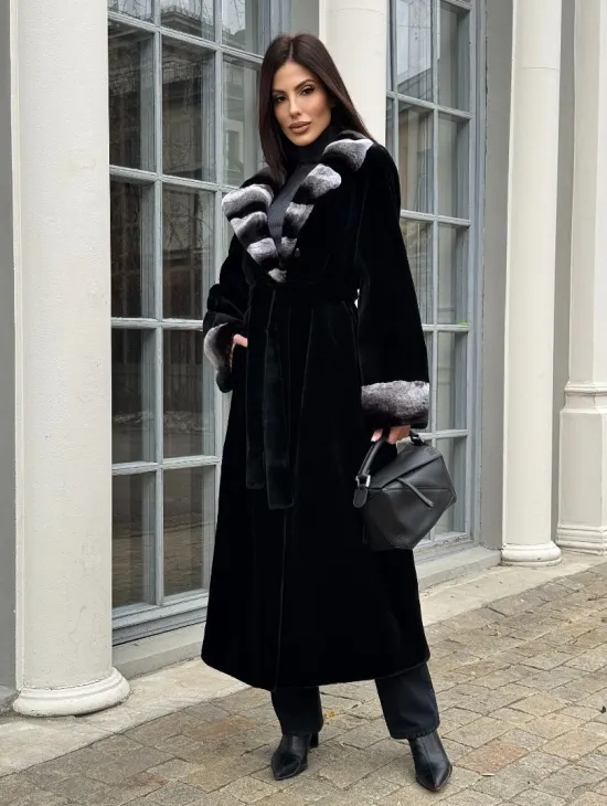 Шуба из стриженой норки с отделкой под шиншиллу - фото 0