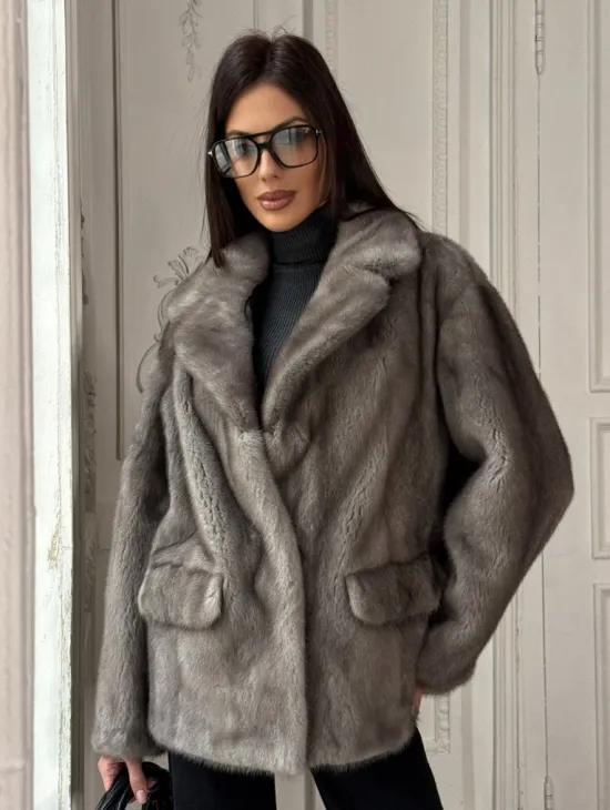 Норковый жакет классического кроя с прорезными карманами клапанами - фото 0