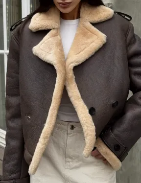 Кроп - дубленка двубортная Dark brown на пуговицах - фото 1