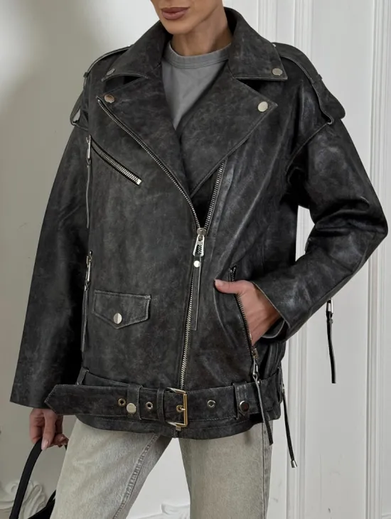 Женская кожаная куртка авиатор со шнуровкой на спине Dark grey - фото 2