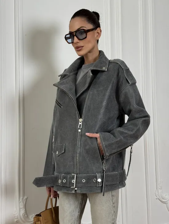 Винтажная кожаная косуха оверсайз - серый графит - фото 3