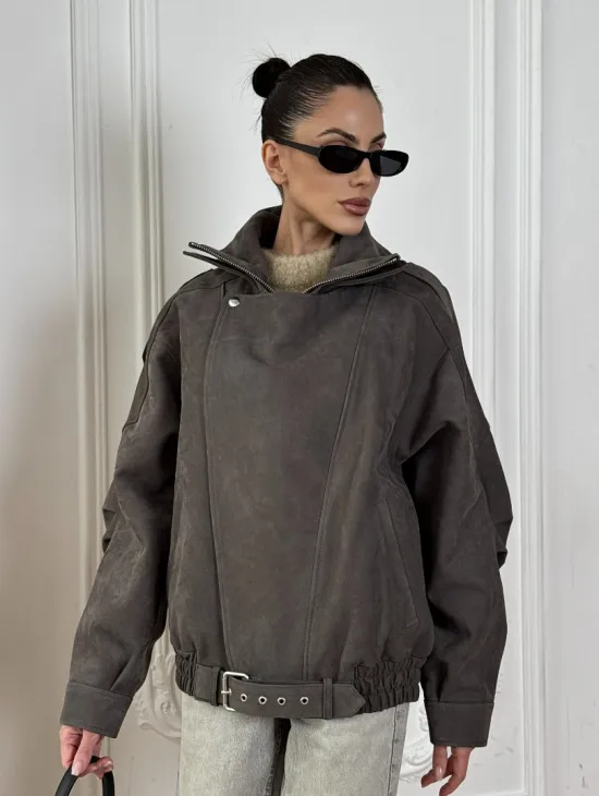Современная куртка - бомбер из винтажной кожи Gray с двойным воротником - фото 8